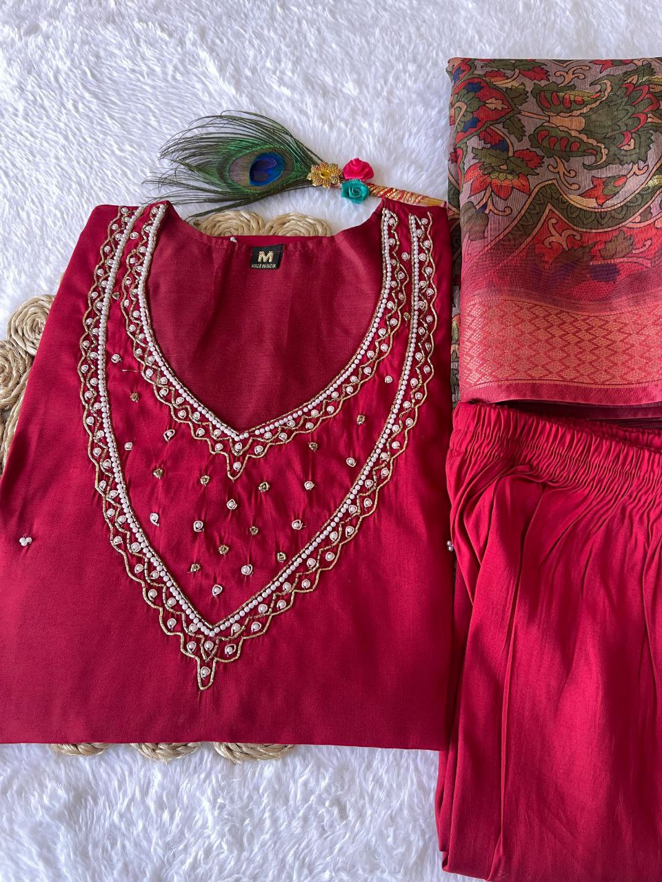 Ethereal Rani Pink Roman Silk Handworked Kurta Pant Dupatta Set - Ethnicwish