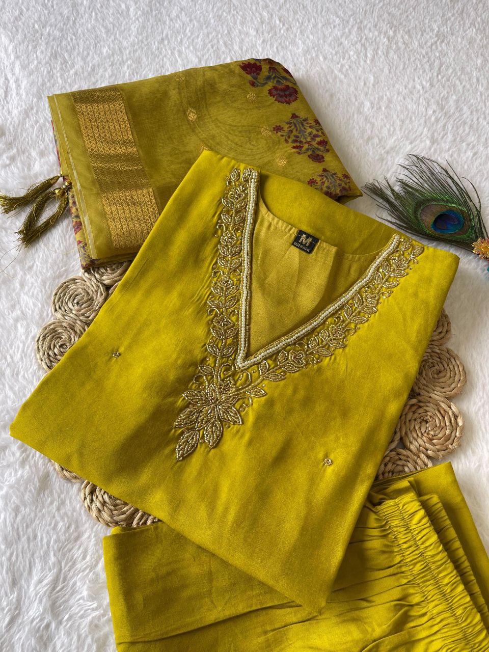 Parrot Green Roman Silk Handworked Kurta Pant Dupatta Set - Ethnicwish