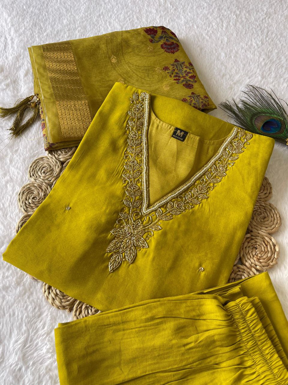 Parrot Green Roman Silk Handworked Kurta Pant Dupatta Set - Ethnicwish