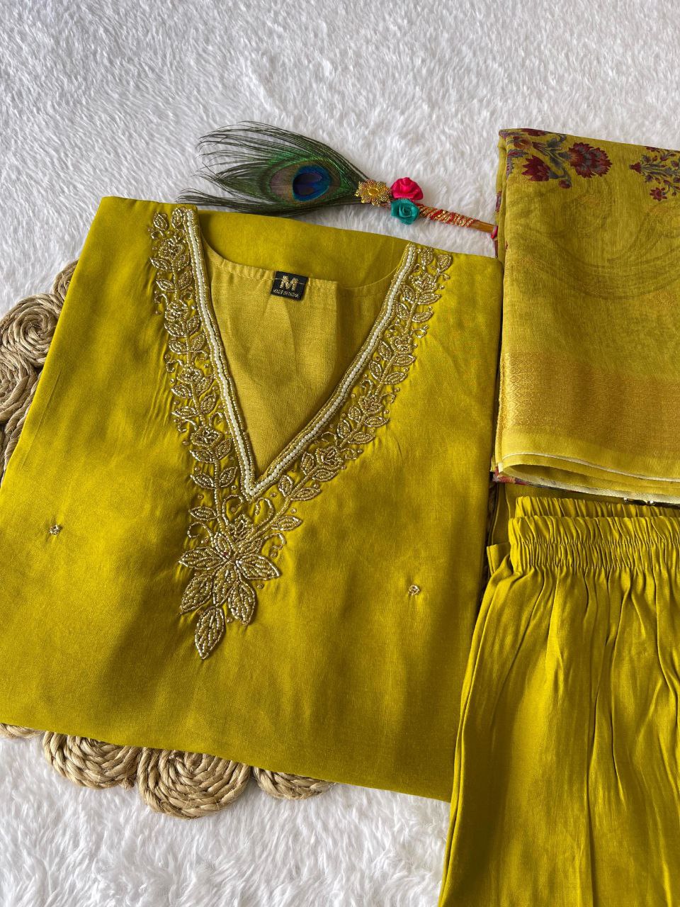 Parrot Green Roman Silk Handworked Kurta Pant Dupatta Set - Ethnicwish