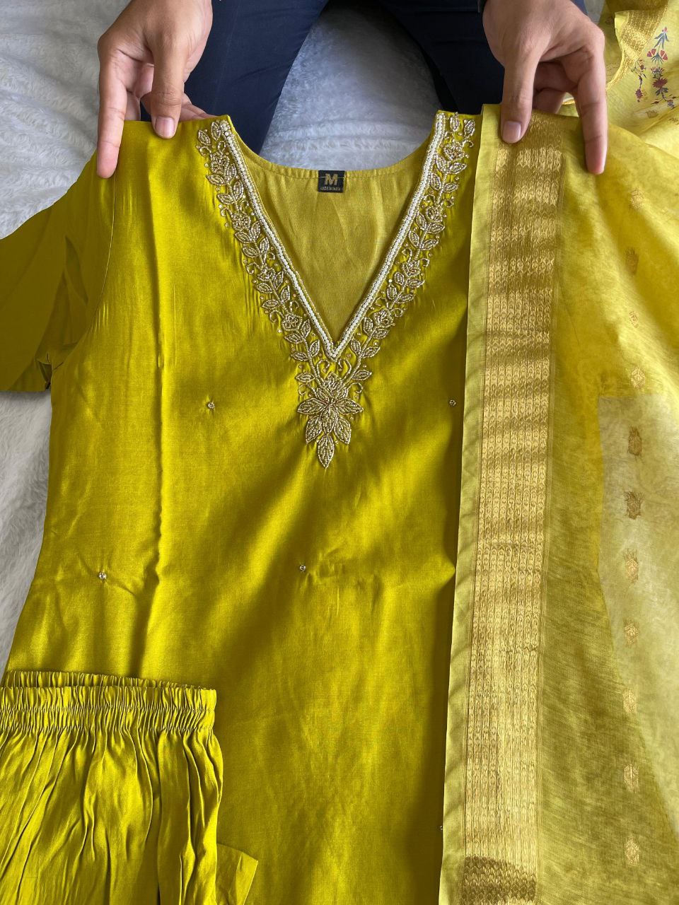 Parrot Green Roman Silk Handworked Kurta Pant Dupatta Set - Ethnicwish