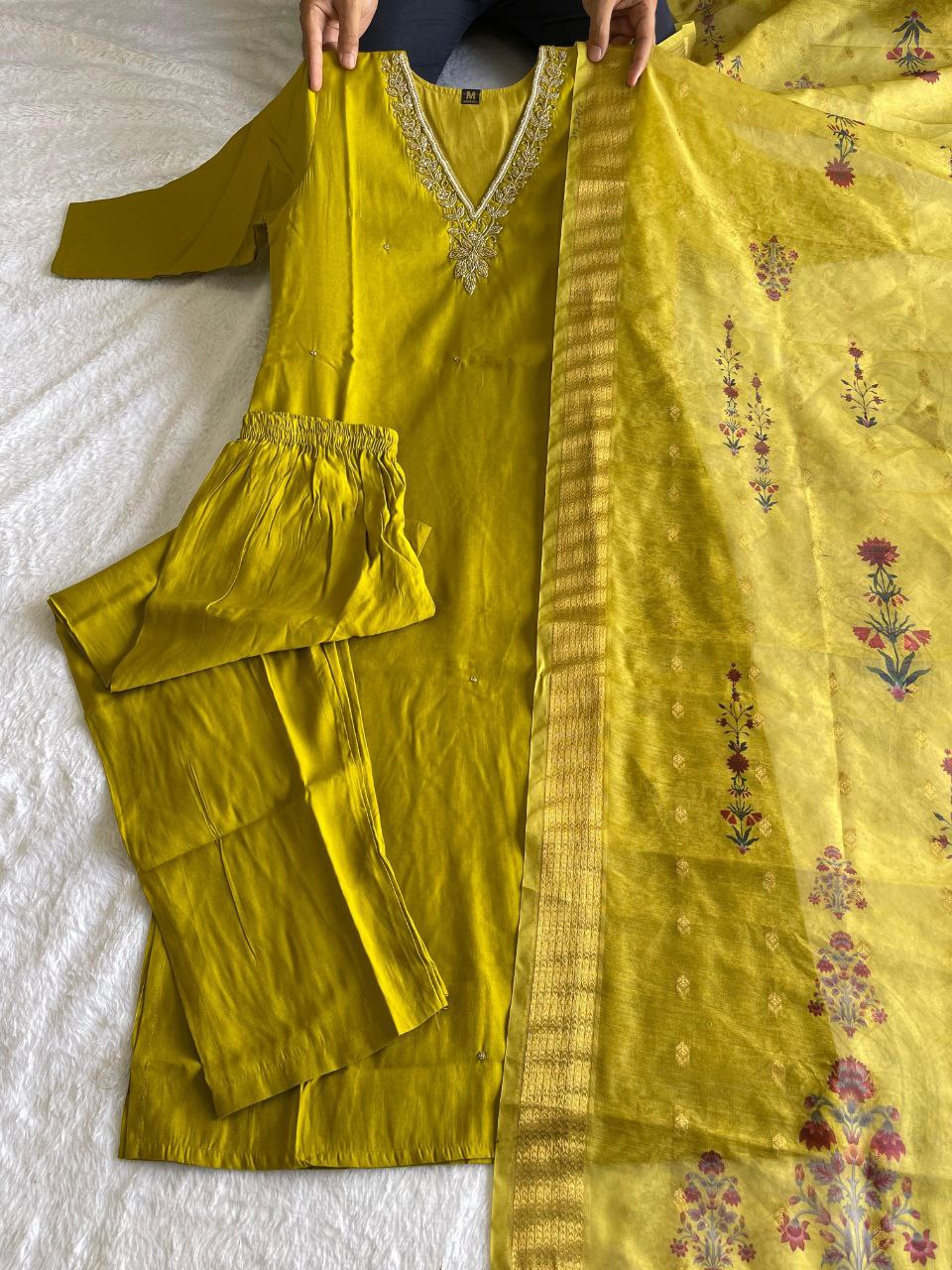 Parrot Green Roman Silk Handworked Kurta Pant Dupatta Set - Ethnicwish