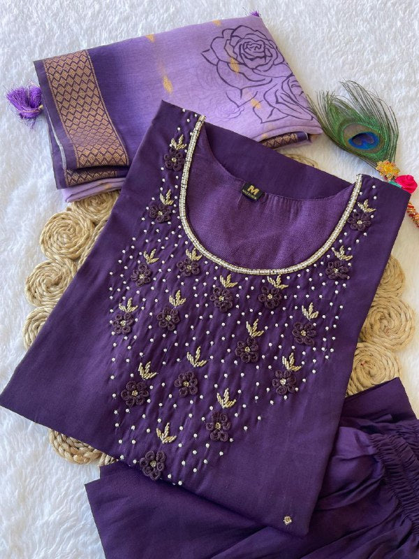 Radiant Wine Roman Silk Handworked Kurta Pant Dupatta Set - Ethnicwish