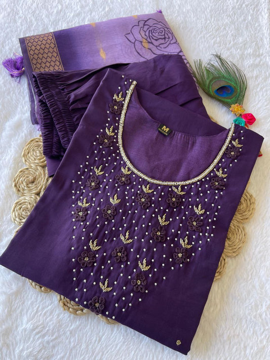 Radiant Wine Roman Silk Handworked Kurta Pant Dupatta Set - Ethnicwish