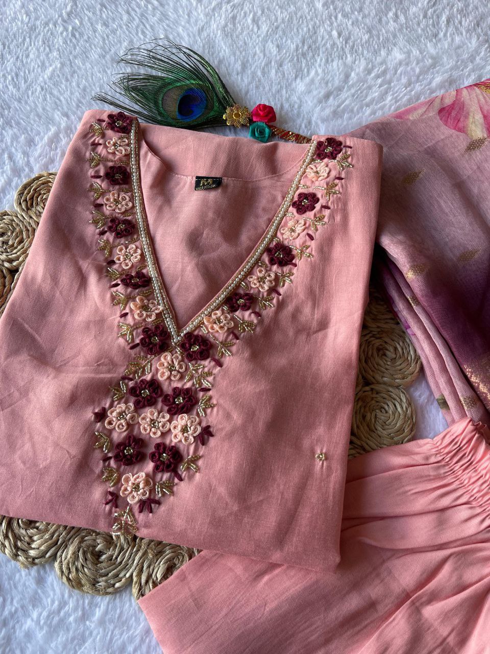 Beguiling Peach Roman Silk Handworked Kurta Pant Dupatta Set - Ethnicwish