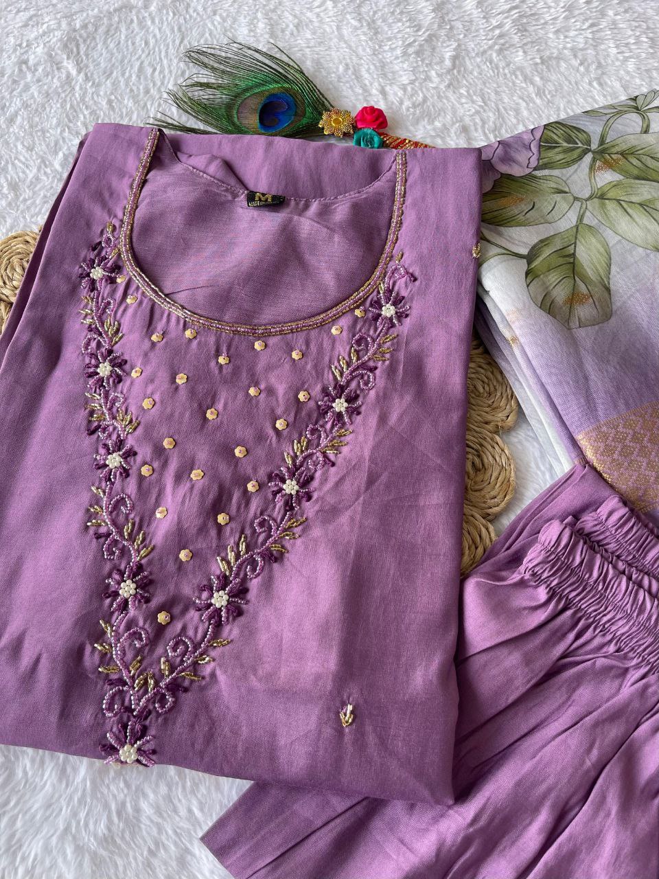 Elegant Magenta Roman Silk Handworked Kurta Pant Dupatta Set - Ethnicwish