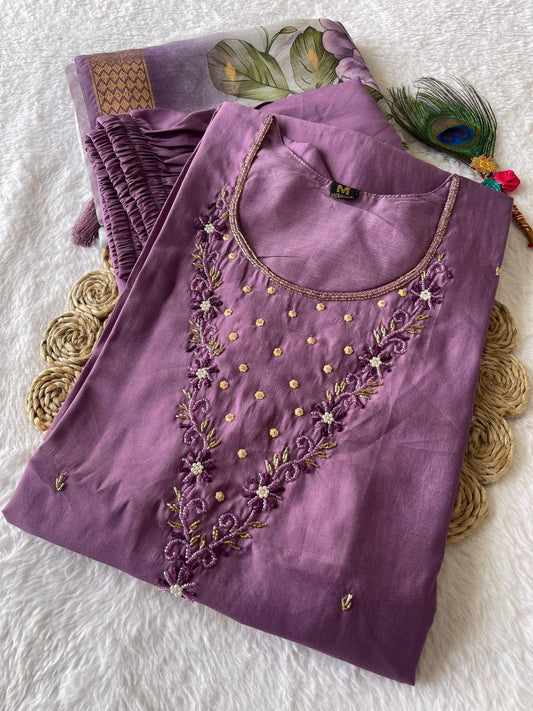 Elegant Magenta Roman Silk Handworked Kurta Pant Dupatta Set - Ethnicwish
