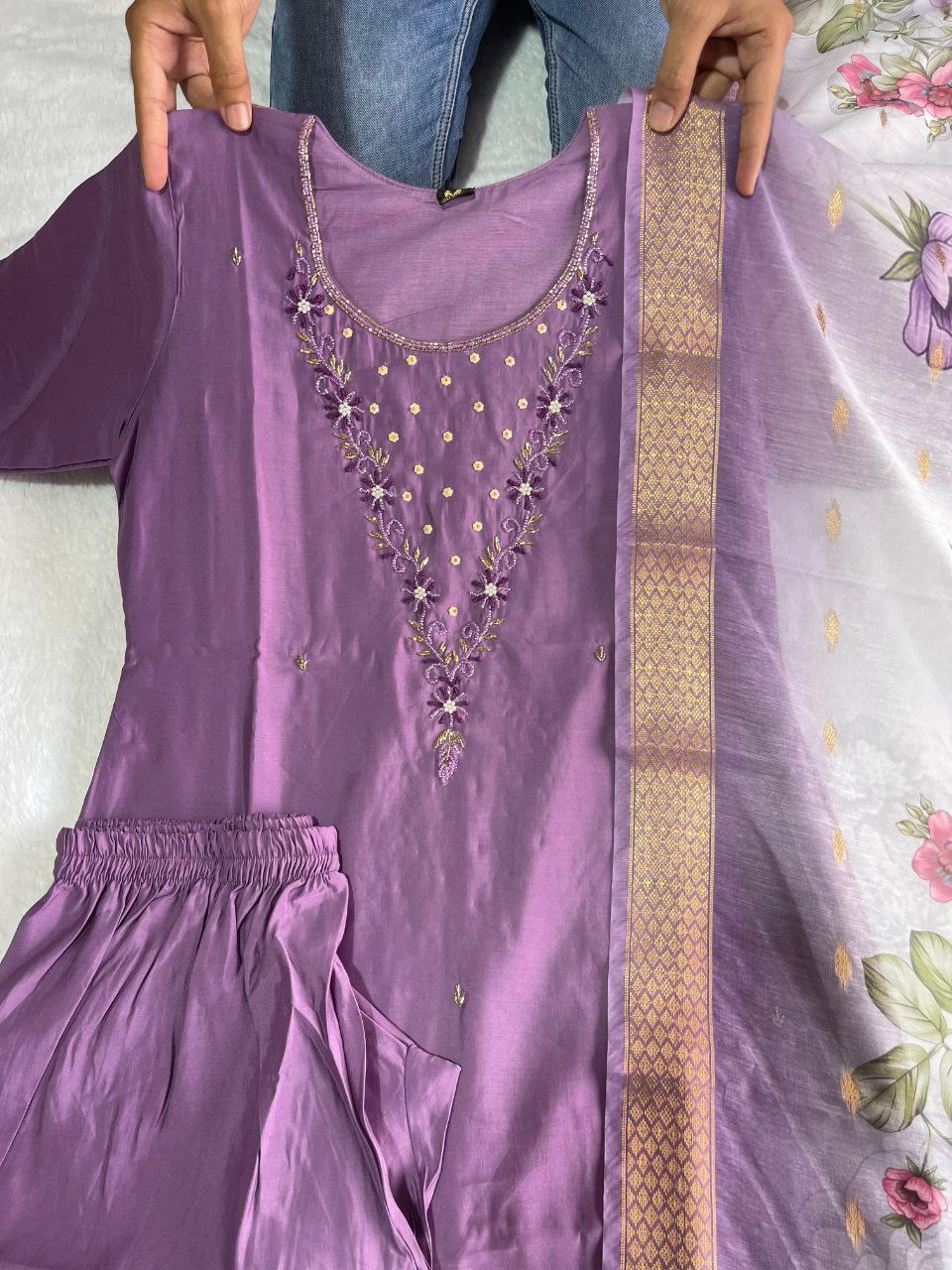 Elegant Magenta Roman Silk Handworked Kurta Pant Dupatta Set - Ethnicwish