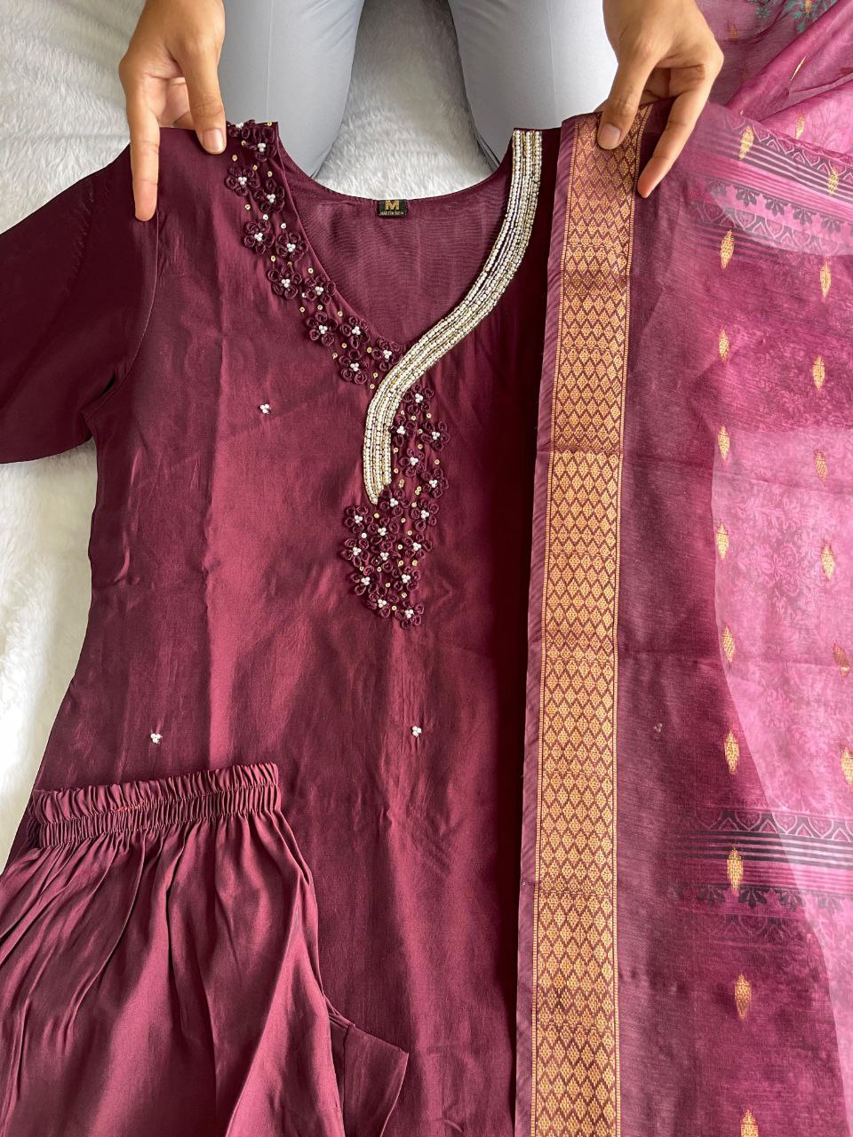 Captivating Dark Maroon Roman Silk Handworked Kurta Pant Dupatta Set - Ethnicwish