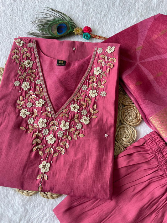 Graceful Rouge Roman Silk Handworked Kurta Pant Dupatta Set - Ethnicwish