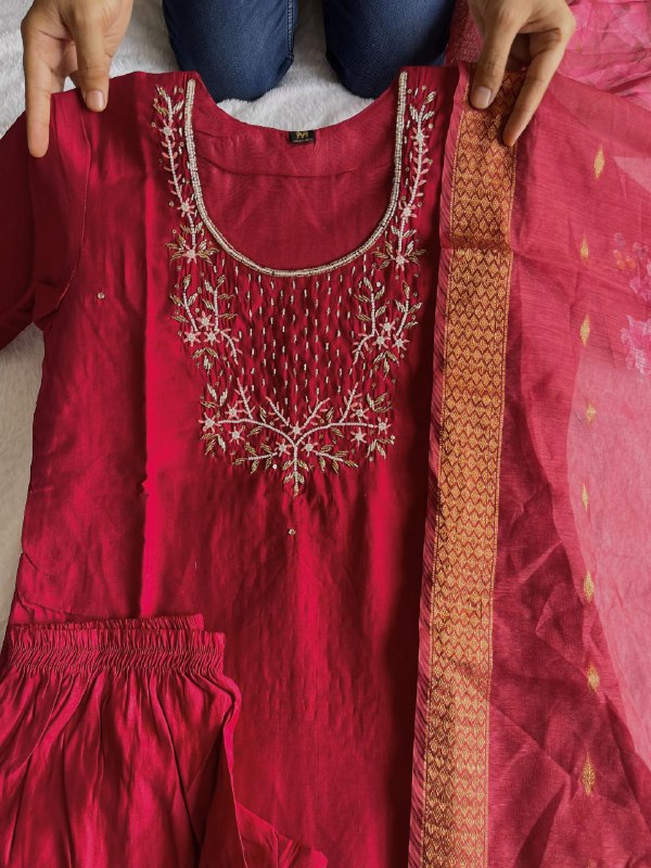 Classy Maroon Roman Silk Handworked Kurta Pant Dupatta Set - Ethnicwish