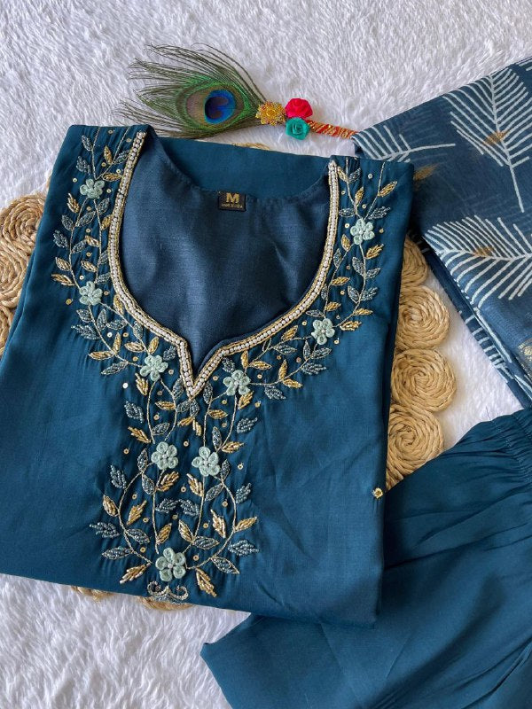 Fetching Dark Peacock Roman Silk Handworked Kurta Pant Dupatta Set - Ethnicwish