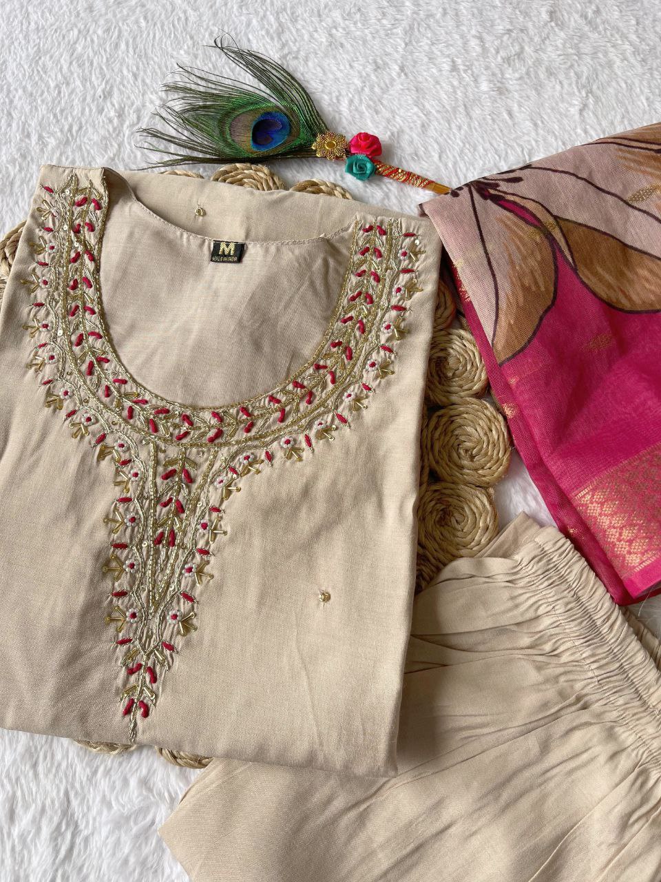 Delightful Cream Roman Silk Handworked Kurta Pant Dupatta Set - Ethnicwish