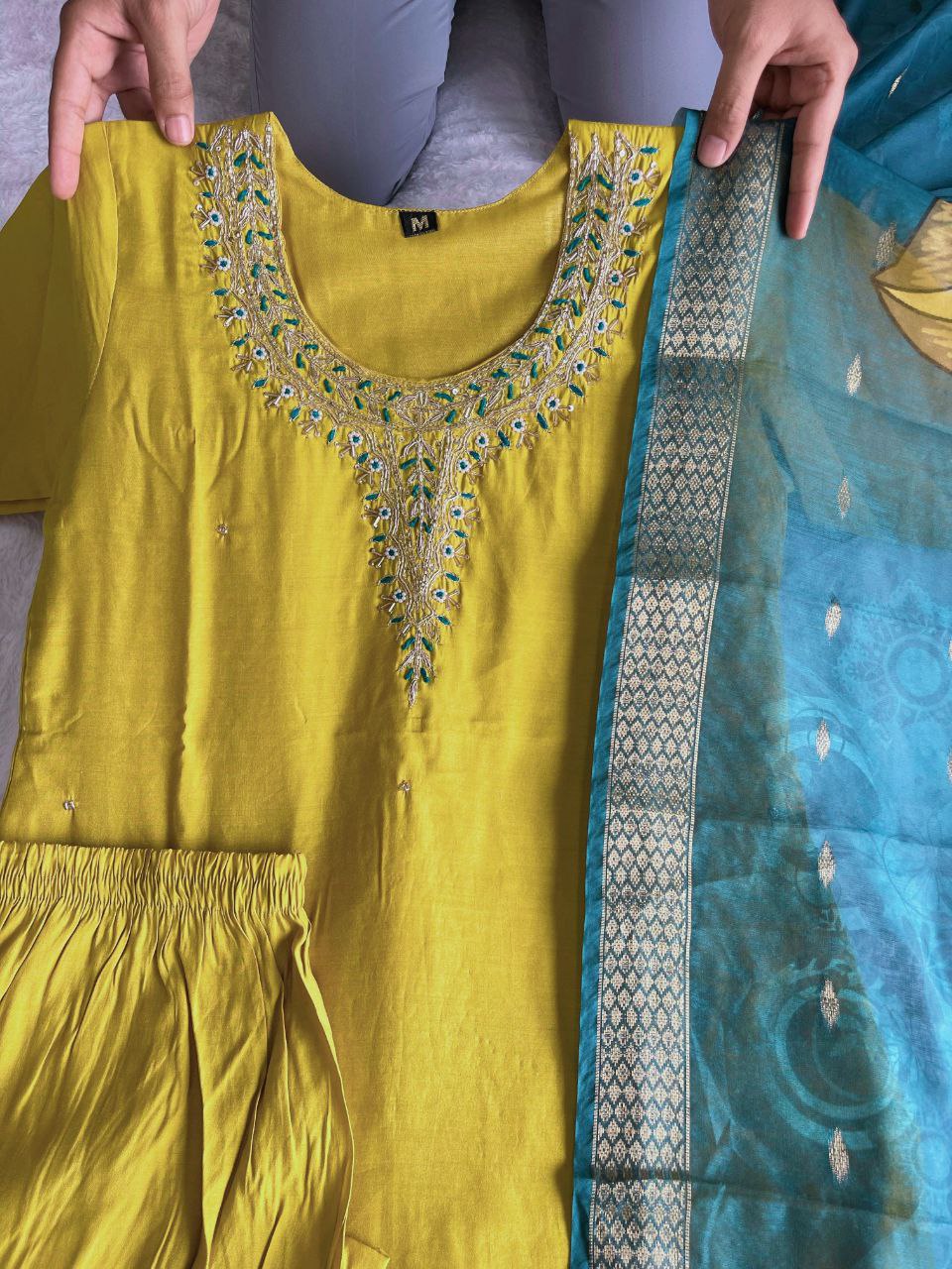 Fetching Lemon Yellow Roman Silk Handworked Kurta Pant Dupatta Set - Ethnicwish
