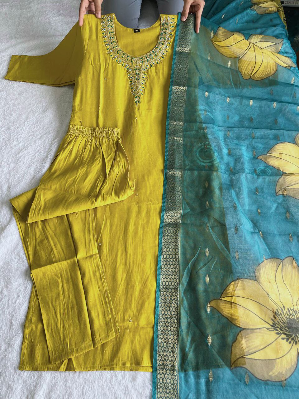 Fetching Lemon Yellow Roman Silk Handworked Kurta Pant Dupatta Set - Ethnicwish