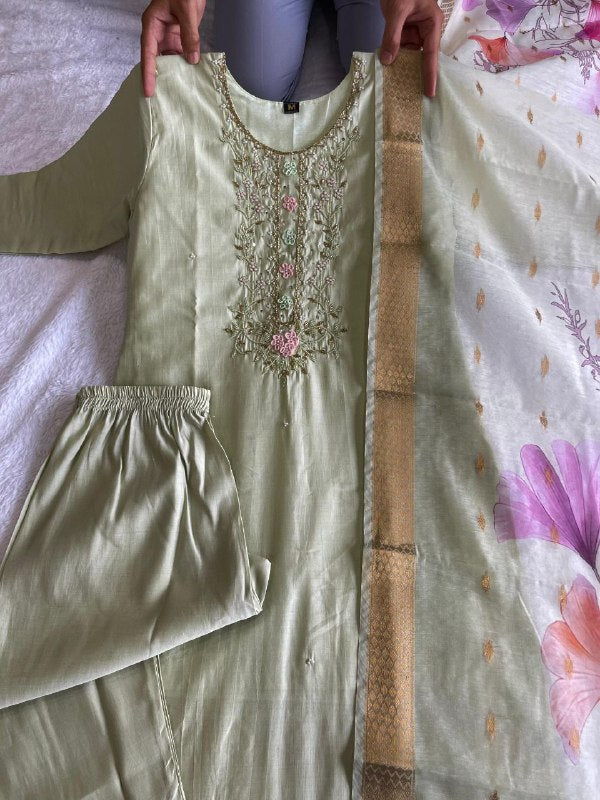 Enamoring Light Pista Roman Silk Handworked Kurta Pant Dupatta Set - Ethnicwish