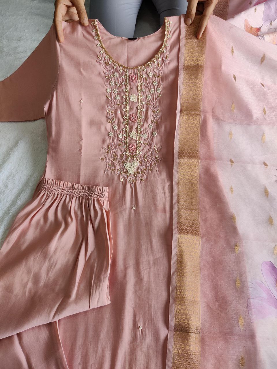 Dashing Peach Roman Silk Handworked Kurta Pant Dupatta Set - Ethnicwish