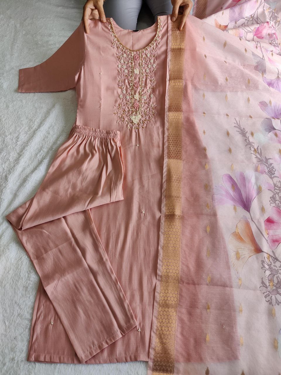 Dashing Peach Roman Silk Handworked Kurta Pant Dupatta Set - Ethnicwish