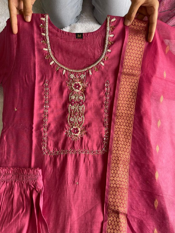Enticing Rouge Roman Silk Handworked Kurta Pant Dupatta Set - Ethnicwish