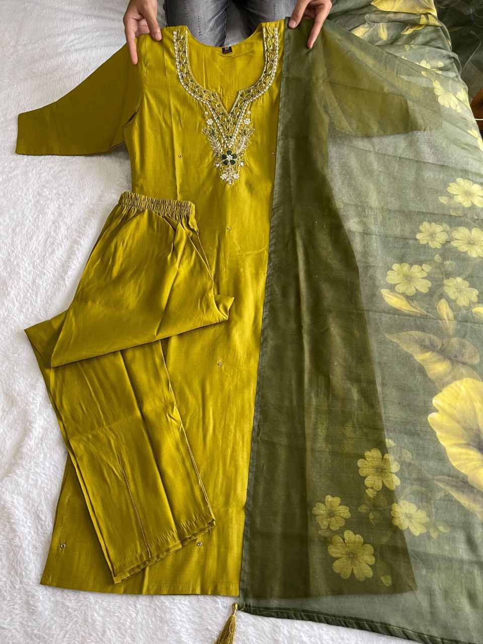 Fabulous Parrot Green Roman Silk Handworked Kurta Pant Dupatta Set - Ethnicwish