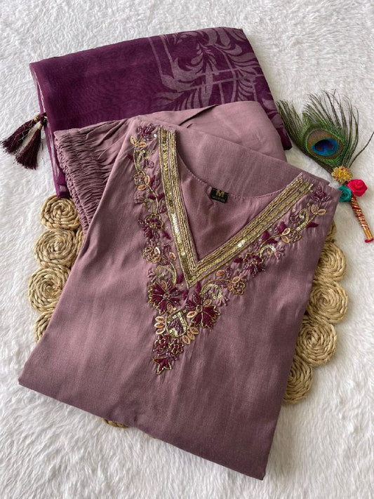 Luminous Ice Wine Roman Silk Handworked Kurta Pant Dupatta Set - Ethnicwish