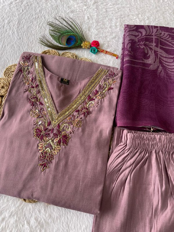 Luminous Ice Wine Roman Silk Handworked Kurta Pant Dupatta Set - Ethnicwish