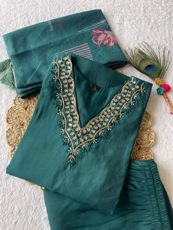 Ravishing Dark Rama Roman Silk Handworked Kurta Pant Dupatta Set - Ethnicwish