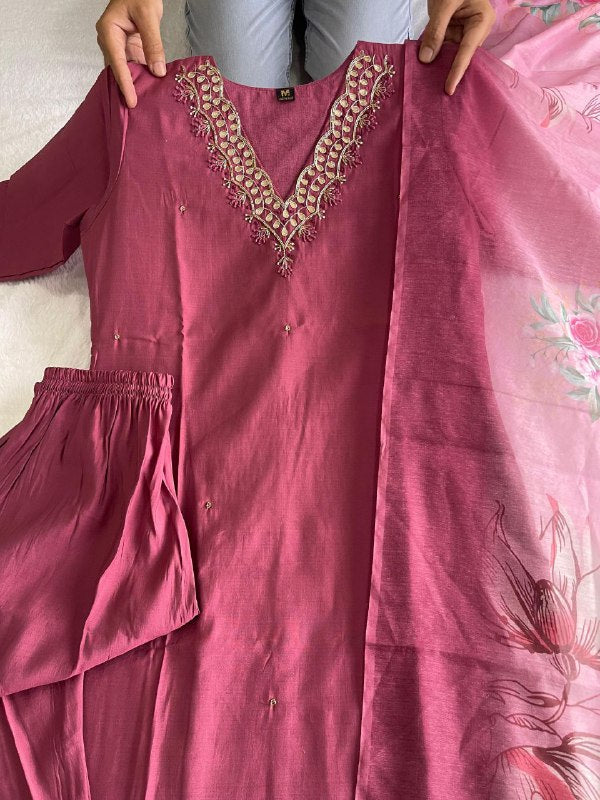 Alluring Dull Magenta Roman Silk Handworked Kurta Pant Dupatta Set - Ethnicwish