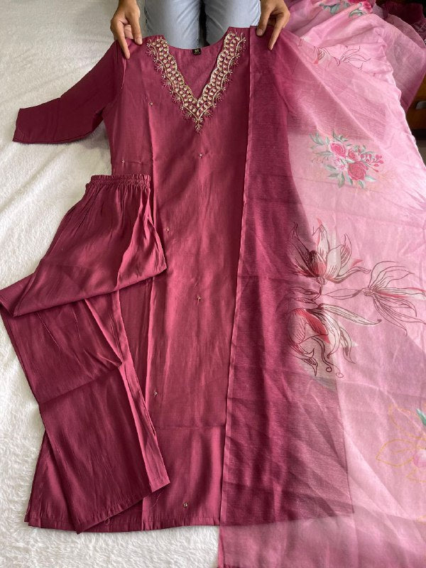 Alluring Dull Magenta Roman Silk Handworked Kurta Pant Dupatta Set - Ethnicwish