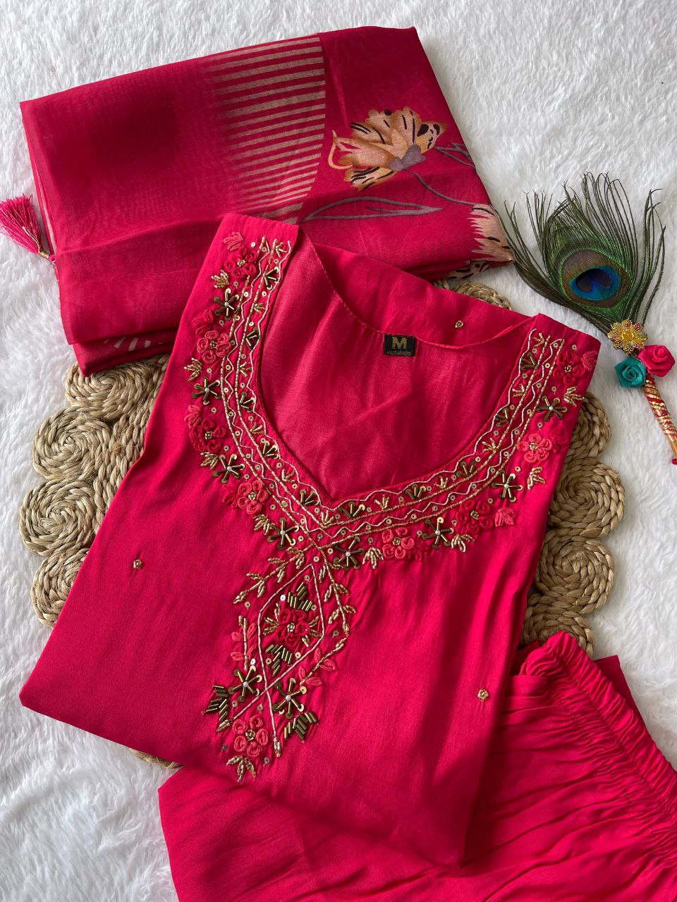 Stylish Tomato Roman Silk Handworked Kurta Pant Dupatta Set - Ethnicwish