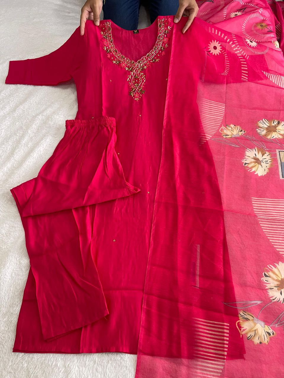 Stylish Tomato Roman Silk Handworked Kurta Pant Dupatta Set - Ethnicwish
