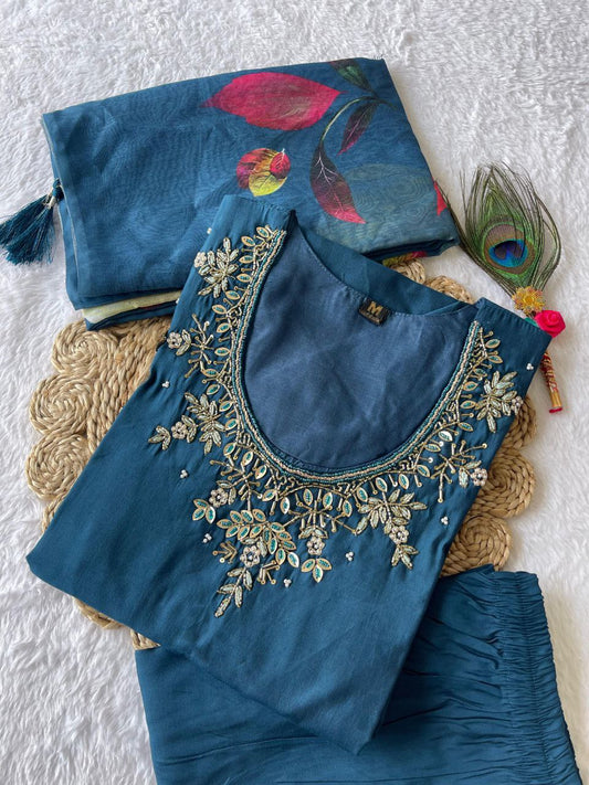 Divine Morpich Roman Silk Handworked Kurta Pant Dupatta Set - Ethnicwish