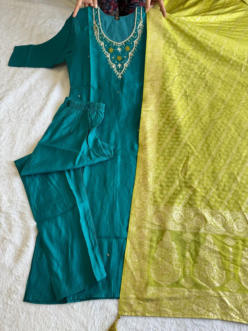 Exquisite Rama Roman Silk Handworked Kurta Pant Dupatta Set - Ethnicwish