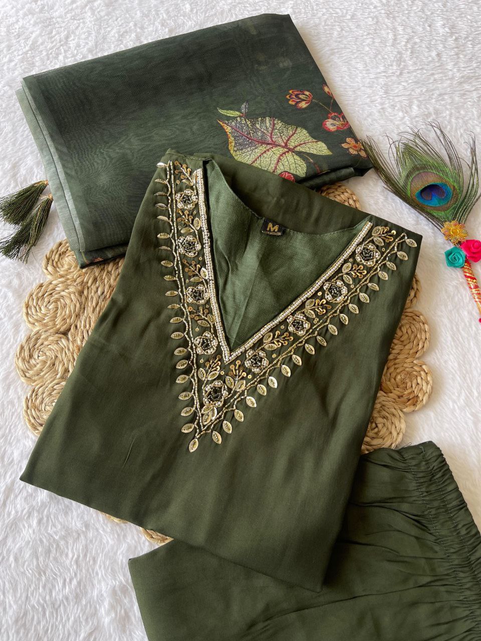 Luminous Mehendi Roman Silk Handworked Kurta Pant Dupatta Set - Ethnicwish