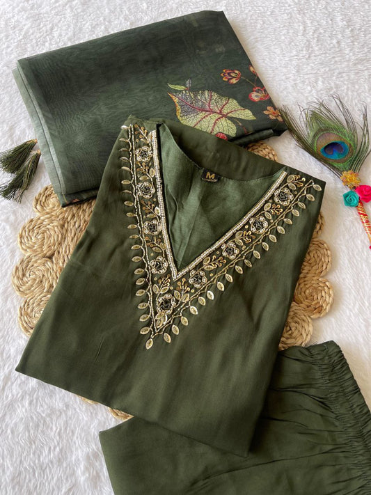 Luminous Mehendi Roman Silk Handworked Kurta Pant Dupatta Set - Ethnicwish