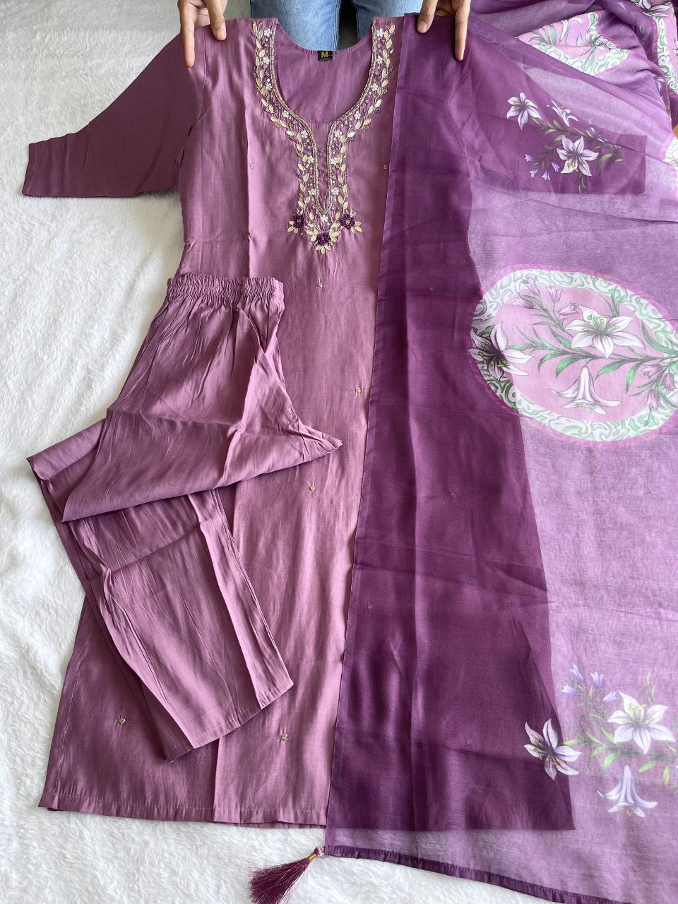 Alluring Light Wine Roman Silk Handworked Kurta Pant Dupatta Set - Ethnicwish