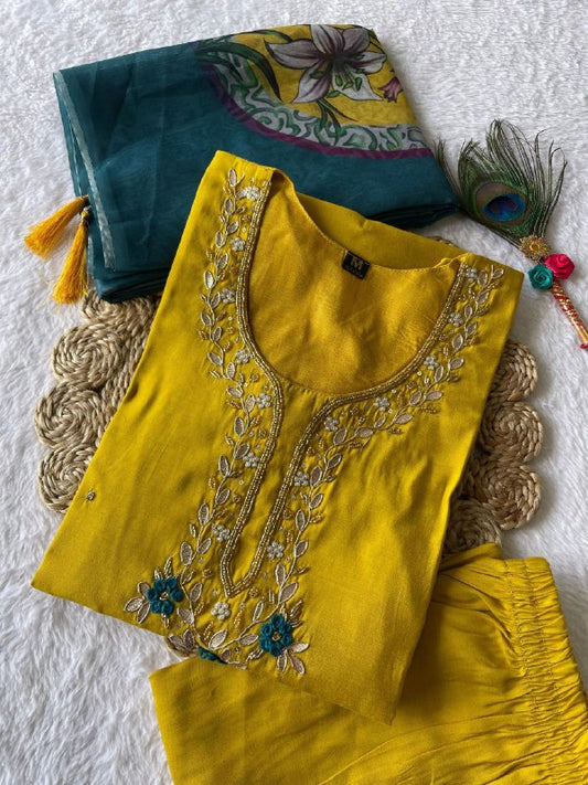Resplendent Lemon Yellow Roman Silk Handworked Kurta Pant Dupatta Set - Ethnicwish