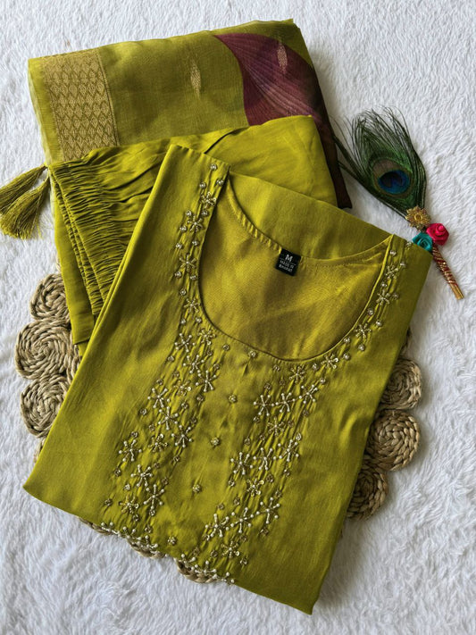 Graceful Parrot Roman Silk Handworked Kurta Pant Dupatta Set - Ethnicwish