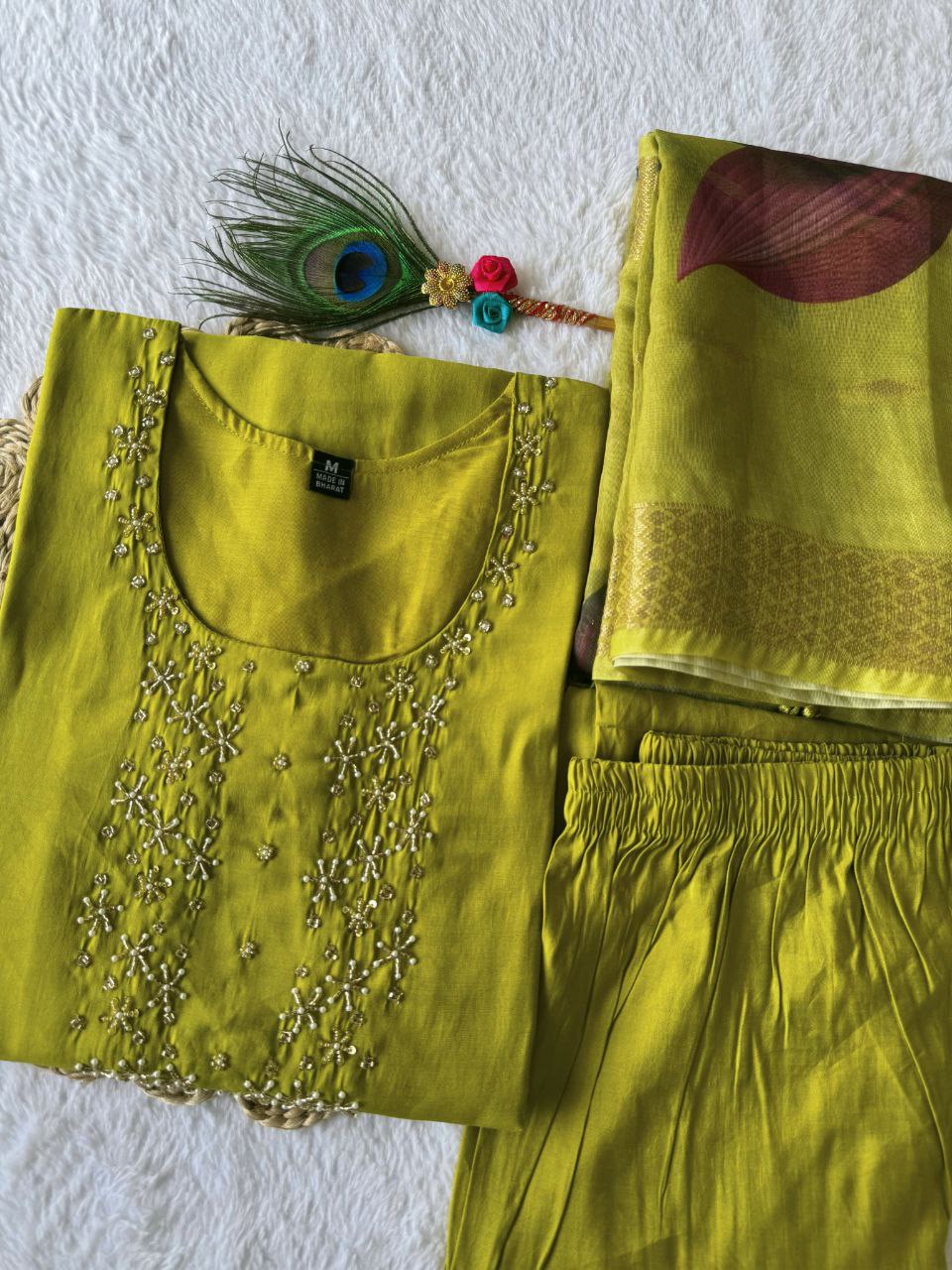 Graceful Parrot Roman Silk Handworked Kurta Pant Dupatta Set - Ethnicwish