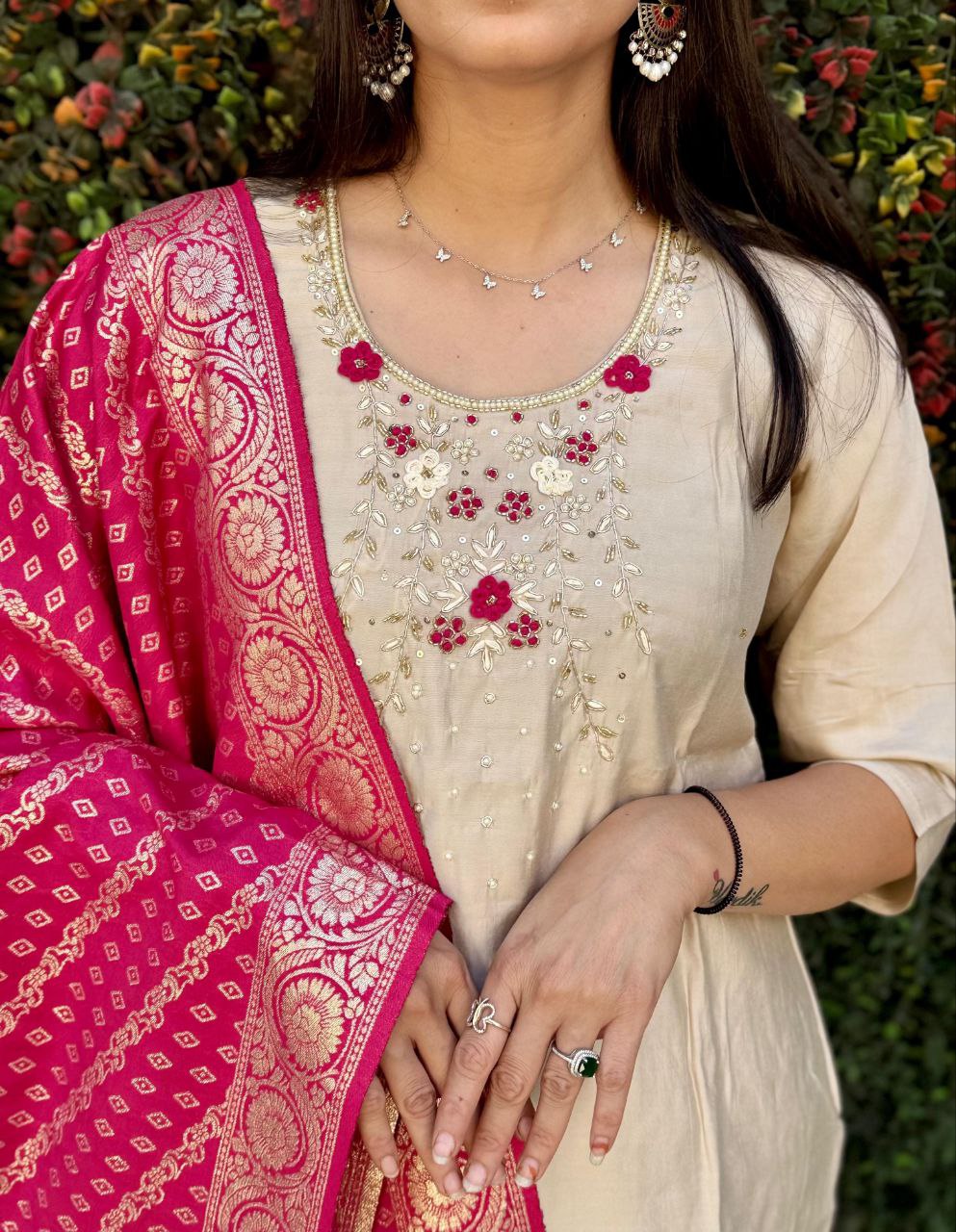 Lovely Cream Roman Silk Handworked Kurta Pant Dupatta Set - Ethnicwish
