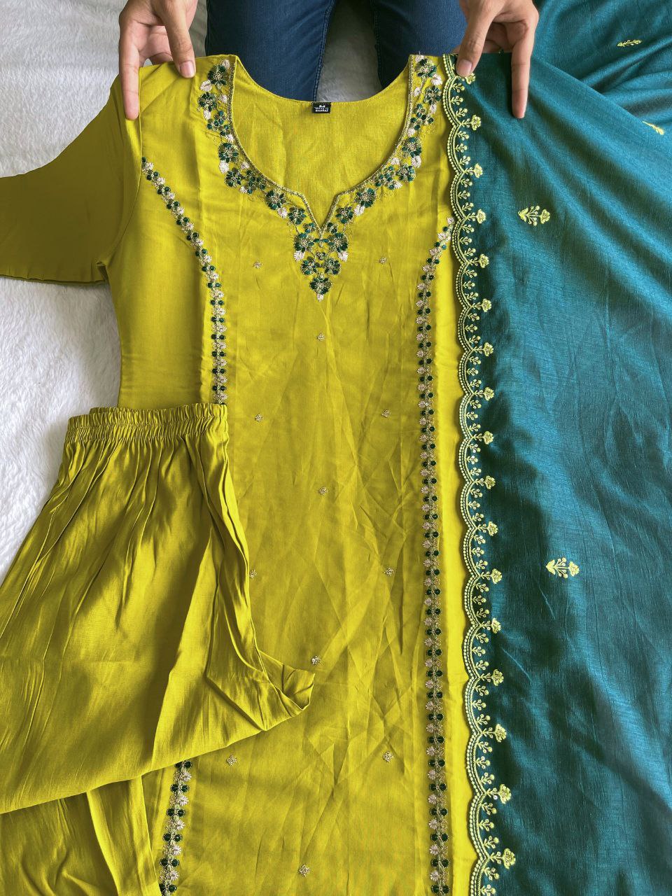 Sublime Parrot Green Roman Silk Handworked Kurta Pant Dupatta Set - Ethnicwish
