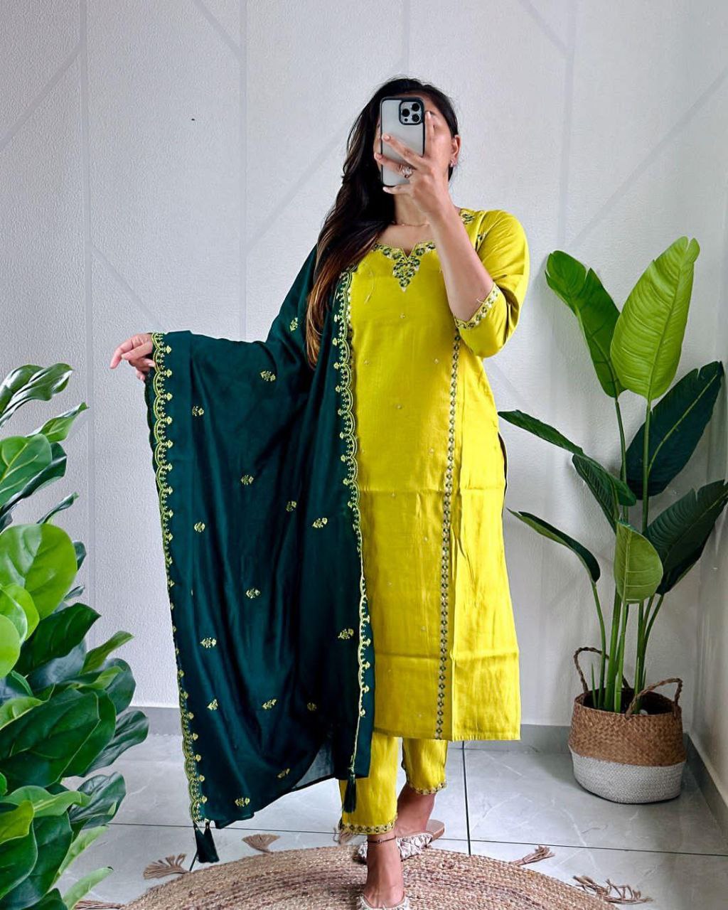 Sublime Parrot Green Roman Silk Handworked Kurta Pant Dupatta Set - Ethnicwish