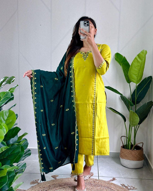 Sublime Parrot Green Roman Silk Handworked Kurta Pant Dupatta Set - Ethnicwish