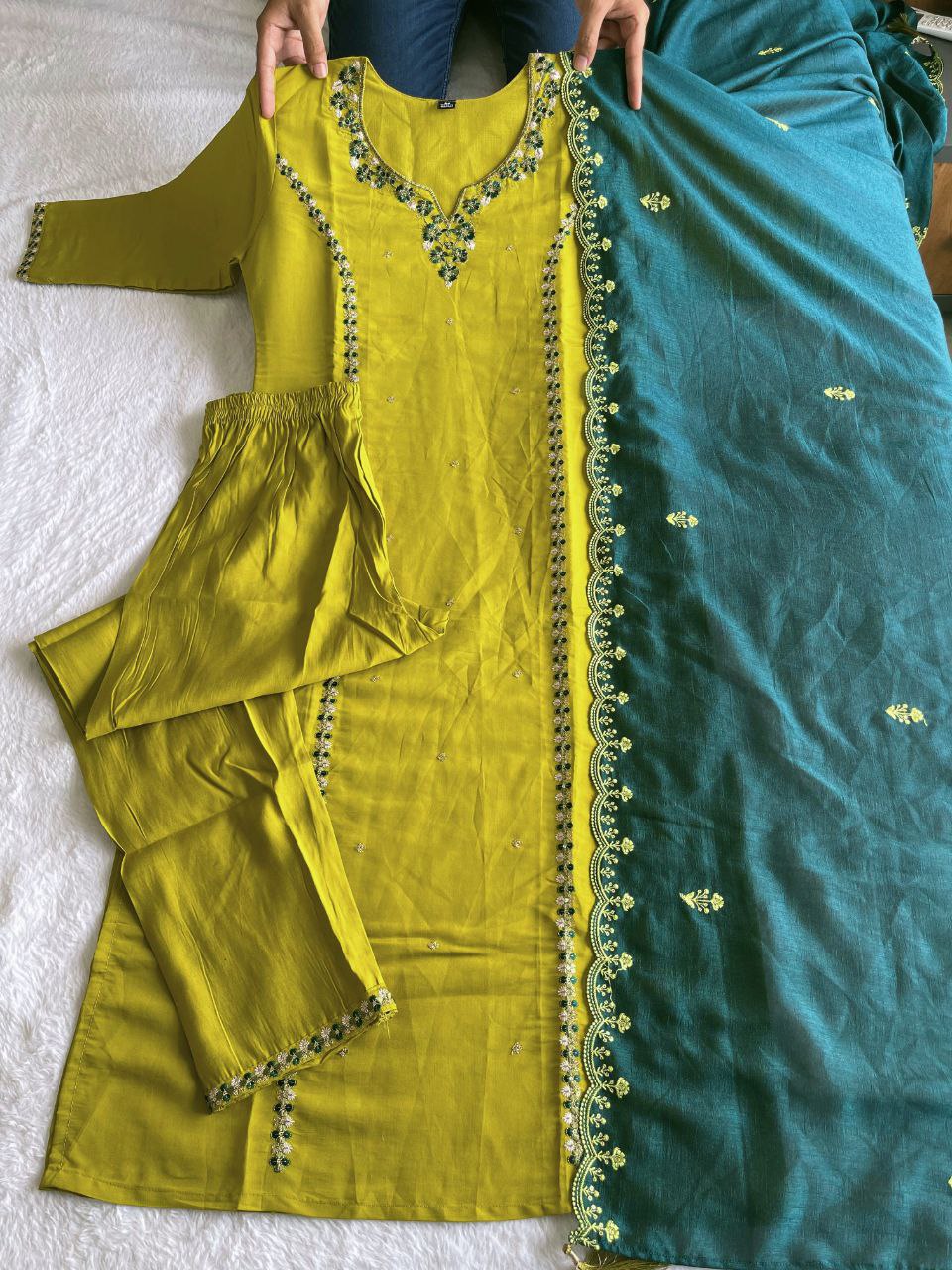 Sublime Parrot Green Roman Silk Handworked Kurta Pant Dupatta Set - Ethnicwish