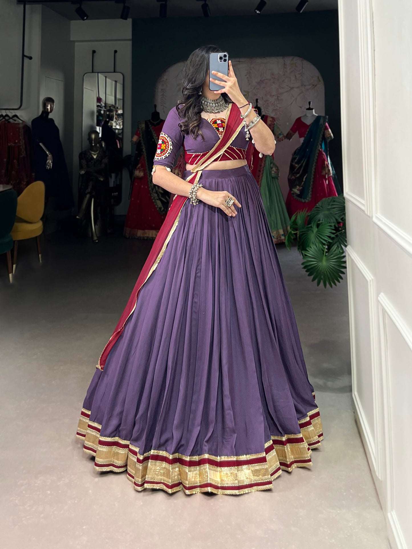 Lavender Embosse Sequins Lace Border Worked Navratri Lehenga Choli
