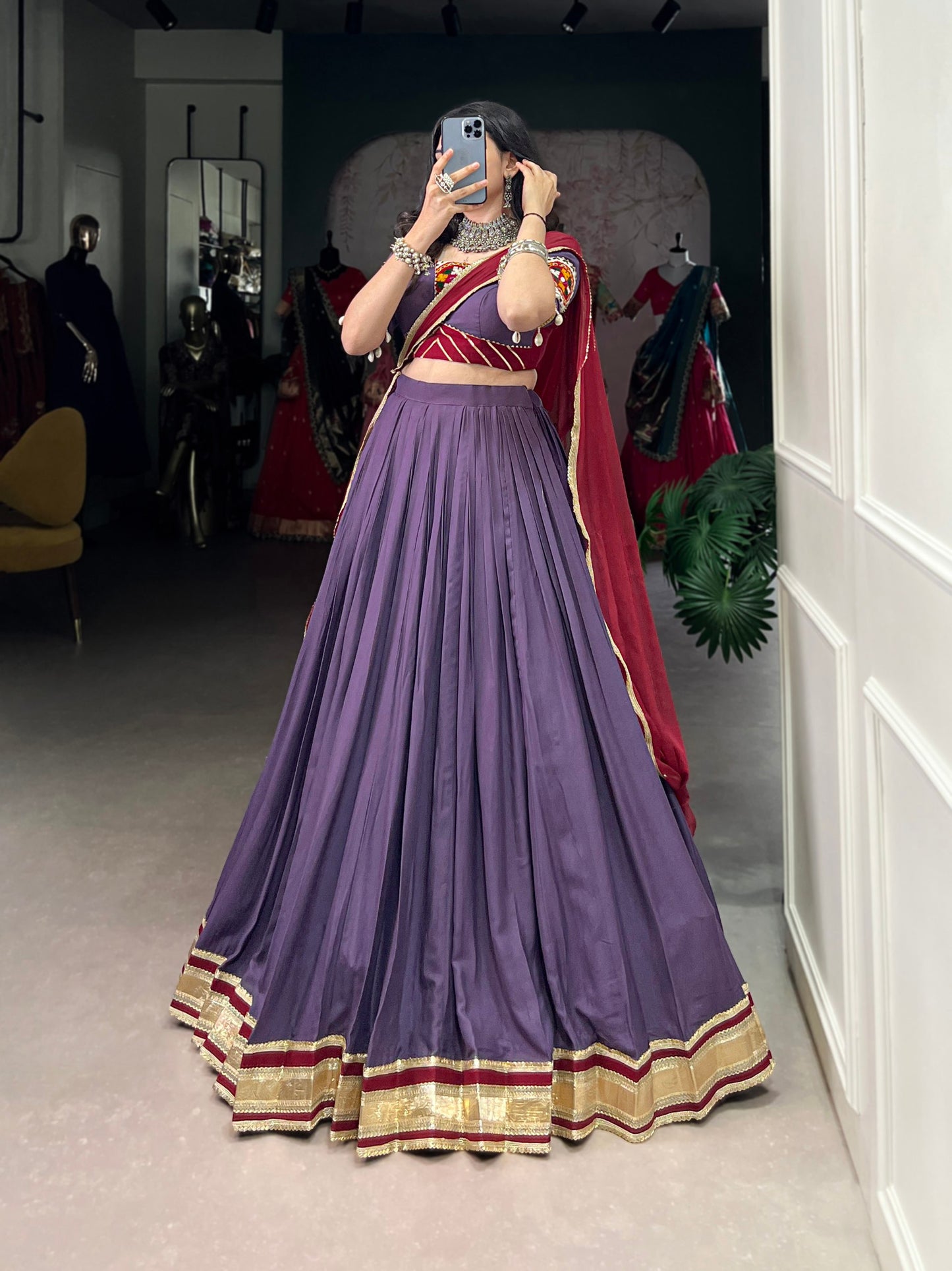 Lavender Embosse Sequins Lace Border Worked Navratri Lehenga Choli