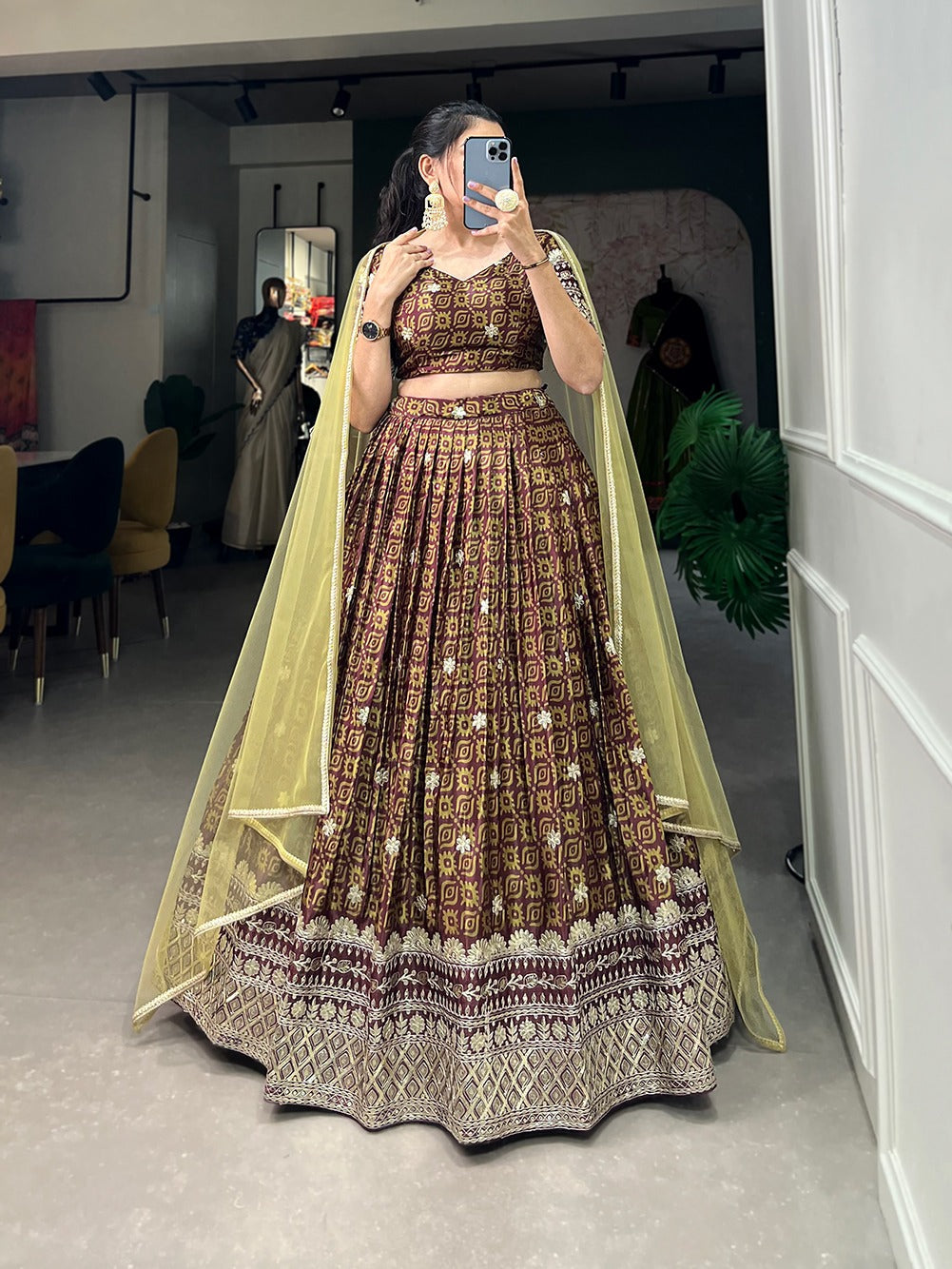 Refined Chinon Digital Printed Sequins Embroidered Lehenga Choli - Ethnicwish