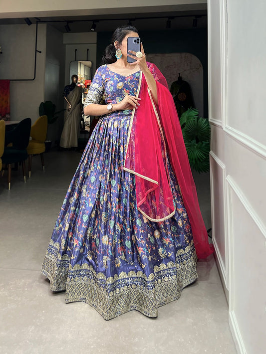 Refined Chinon Digital Printed Sequins Embroidered Lehenga Choli - Ethnicwish