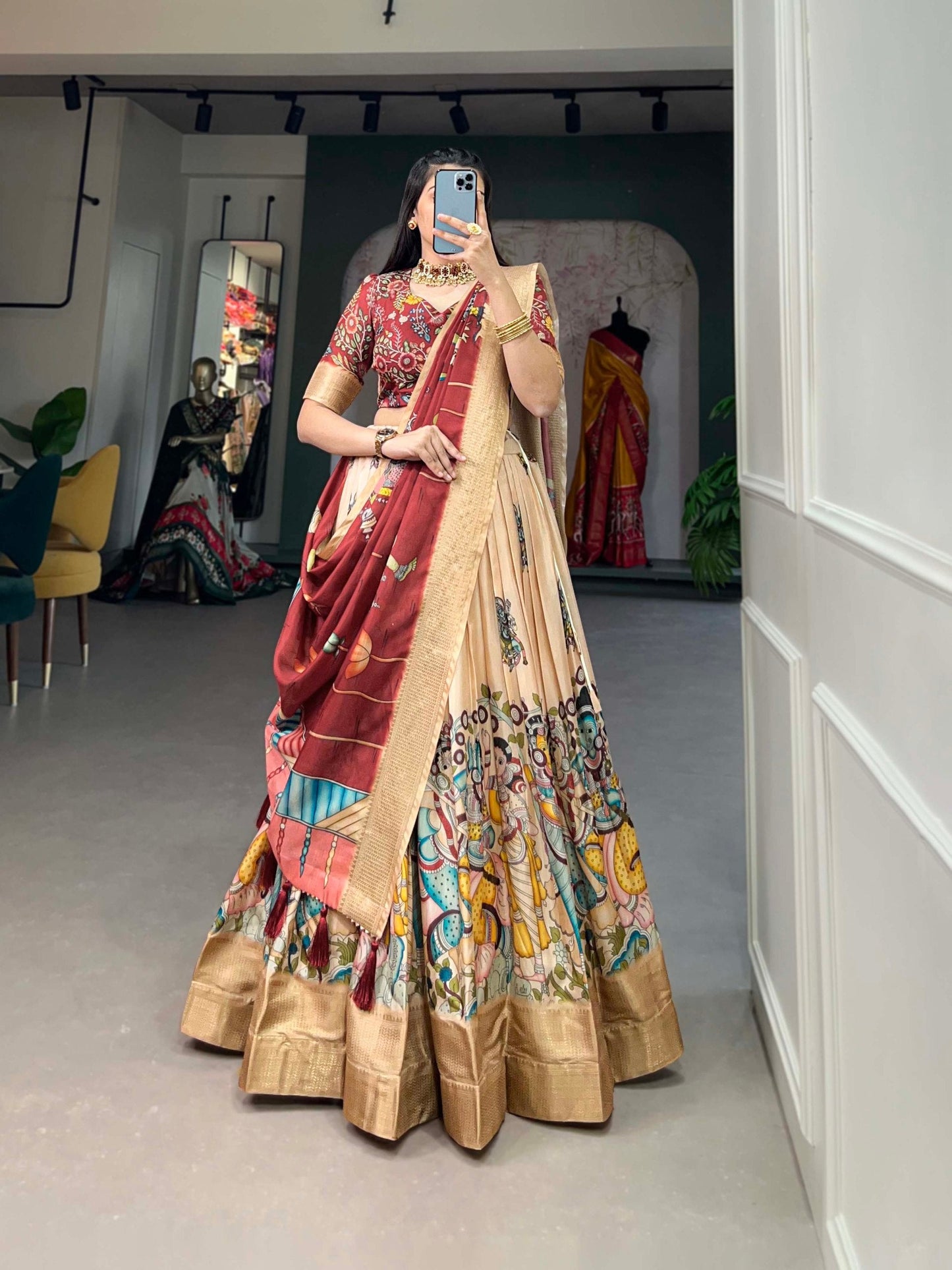 Spectacular Dola Silk Kalamkari Printed Lehenga Choli Set - Ethnicwish