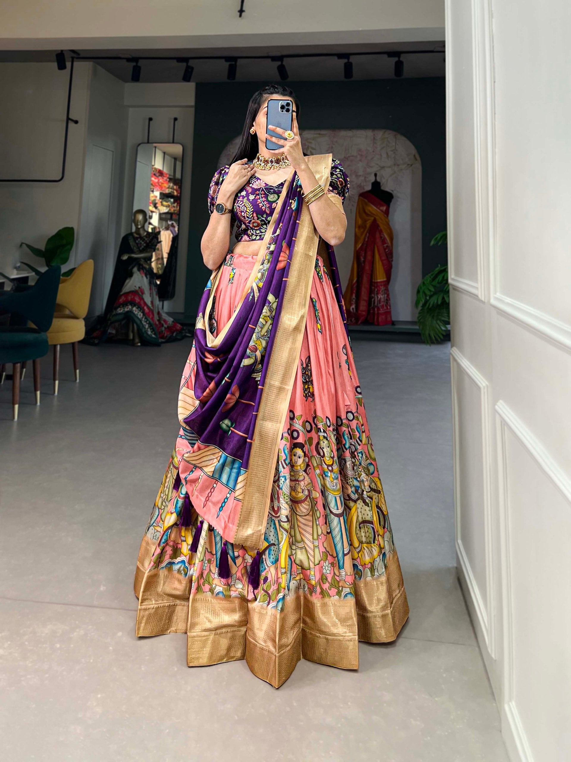 Spectacular Dola Silk Kalamkari Printed Lehenga Choli Set - Ethnicwish
